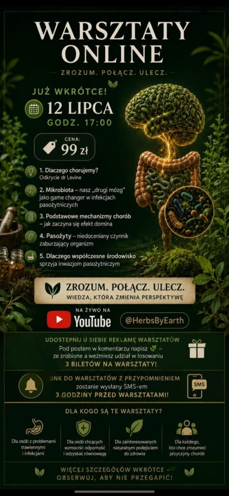 Plakat promujący warsztaty online z ziołolecznictwa organizowane przez Herbs By Earth, zaplanowane na 12 lipca.