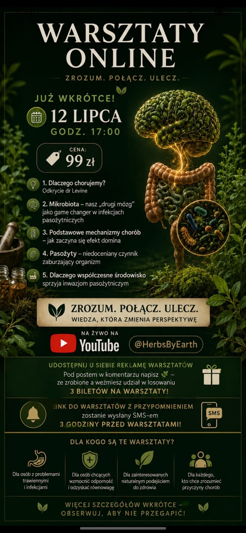 Plakat promujący warsztaty online z ziołolecznictwa organizowane przez Herbs By Earth, zaplanowane na 12 lipca.